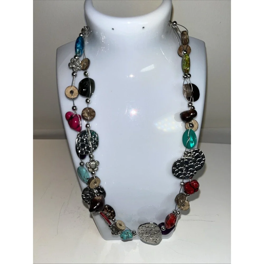Necklace Multicolored Stones Wood Silver Two Strand Bohemian Textured Ethnic